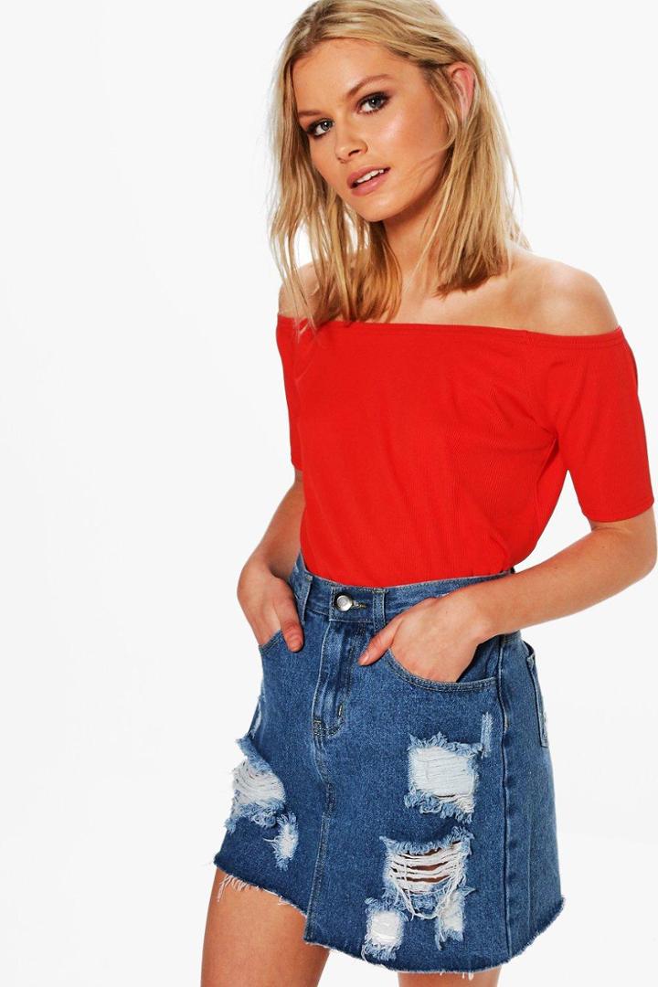 Boohoo Melissa Ribbed Bardot Top Red