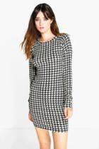 Boohoo Fran Dogtooth Brushed Knit Bodycon Dress White