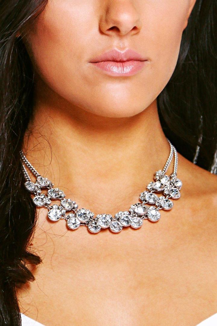 Boohoo Double Embellished Diamante Choker Silver