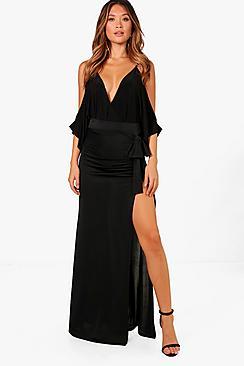 Boohoo Riley Slinky Bow & Split Extreme Maxi Skirt