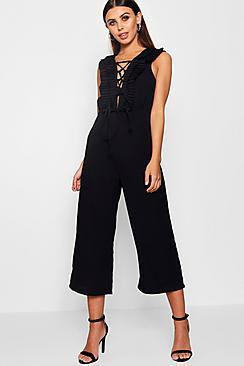 Boohoo Petite Megan Ruffle Lace Up Culotte Jumpsuit