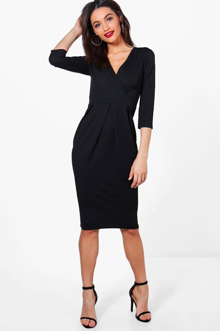 Boohoo Erina Wrap Over Tailored Midi Dress Black