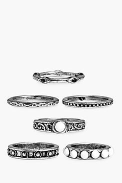 Boohoo Aaliyah Engraved Stone Detail Rings 6 Pack