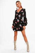 Boohoo Anika Gathered Sleeve Floral Ruffle Hem Dress