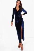 Boohoo Tall Martha Velvet Side Split Long Sleeve Maxi Dress Navy