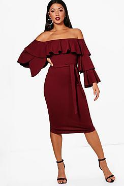 Boohoo Emilie Off The Shoulder Tierred Frill Midi Dress