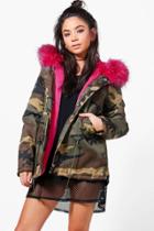 Boohoo Lizzie Short Camo Faux Fur Lined Parka Fuchsia