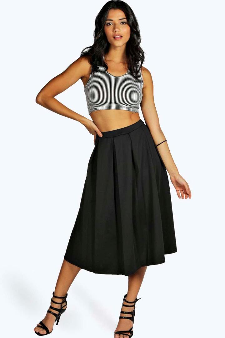Boohoo Beau Box Pleat Midi Skirt Black