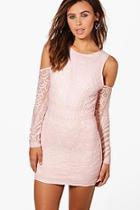 Boohoo Petite Lace Fringe Cold Shoulder Bodycon Dress