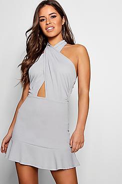 Boohoo Petite Cross Front Backless Halter Neck Dress