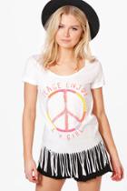 Boohoo Lily Beaded Peace Slogan Fringed T-shirt White