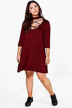 Boohoo Plus Harriet Lace Up High Neck Swing Dress