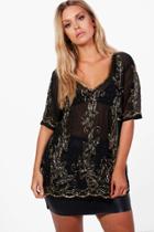 Boohoo Plus Charlotte V Neck Heavy Embellished Top Black