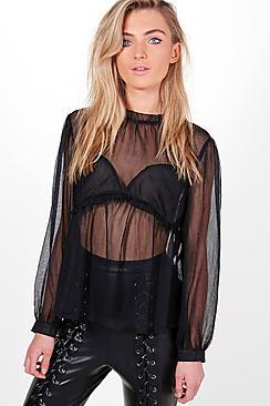Boohoo Long Sleeve Gathered Bodice Blouse