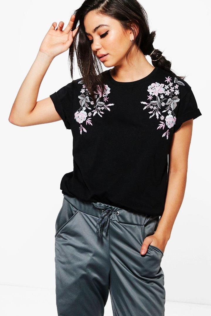 Boohoo Victoria Premium Embroidered Supersoft T-shirt Black