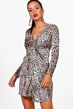 Boohoo Tara Velvet Leopard Long Sleeve Dress