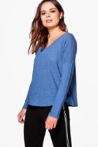 Boohoo Rita Round Neck Marl Long Sleeve T-shirt Blue