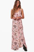 Boohoo Rebecca Strappy Tie Waist Printed Woven Maxi Dress Pink