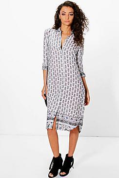 Boohoo Tall Ola Tonal Woven Print Shirt Dress
