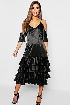 Boohoo Petite Ruffle Hem Cold Shoulder Satin Dress