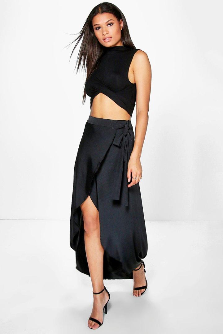 Boohoo Aila Tie Waist Dipped Hem Slinky Maxi Skirt Black