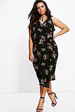 Boohoo Plus Eliza V Neck Floral Print Asymmetric Dress