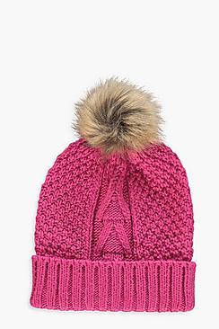 Boohoo Natural Faux Fur Pom Beanie