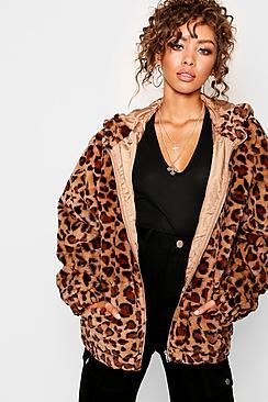 Boohoo Hooded Leopard Faux Fur Coat