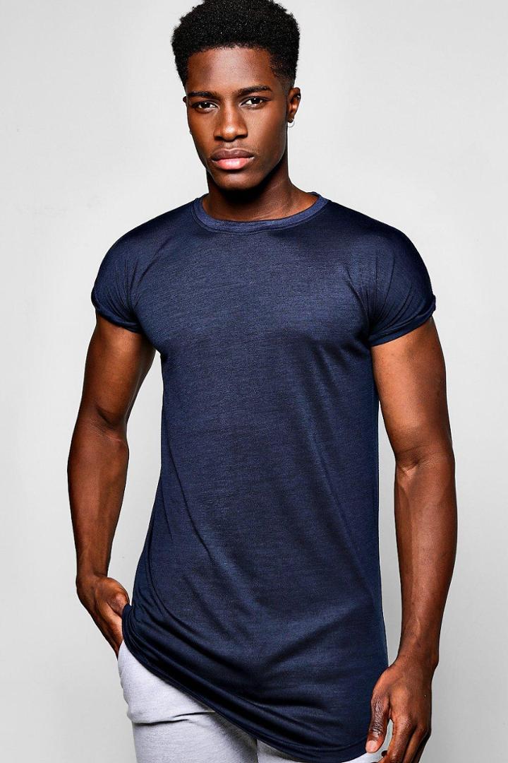 Boohoo Longline Cap Sleeve T Shirt With Curved Hem Navy