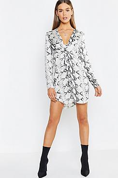 Boohoo Snake Print Knot Front Woven Shirt Dress