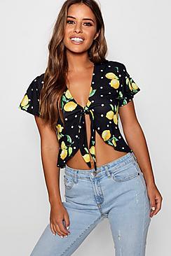 Boohoo Petite Meg Lemon Print Tie Front Top