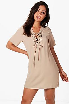 Boohoo Emilie Triangle Metal Detail Lace Up Shift Dress