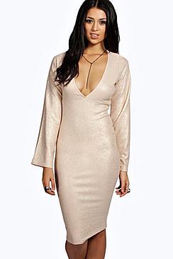 Boohoo Jess Metallic Sparkle Plunge Neck Bodycon Dress