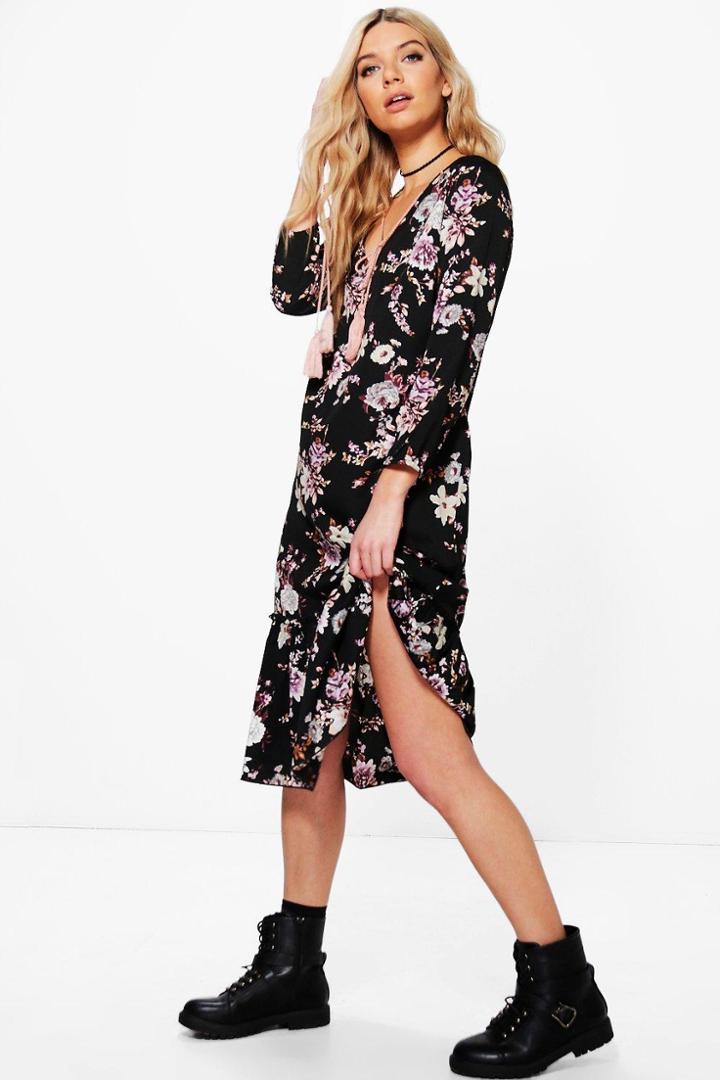 Boohoo Philomena Floral Tassle Detail Midi Dress Multi