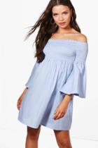 Boohoo Matilda Off The Shoulder Sun Dress Blue