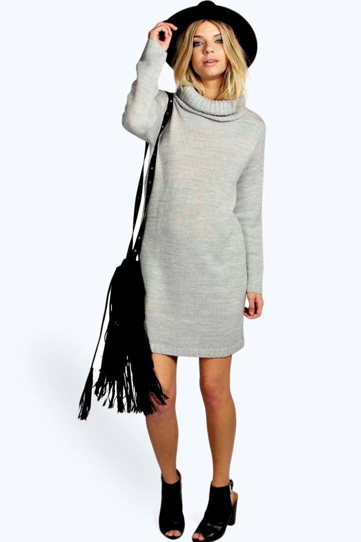 Boohoo Zoe Cowl Neck Soft Knit Jumper Dress Silver