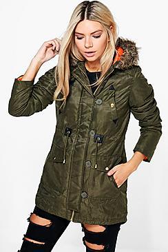 Boohoo Zoe Waxed Faux Fur Trim Parka