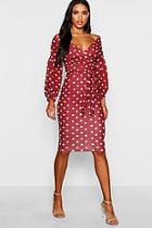 Boohoo Polka Dot Off The Shoulder Midi Dress