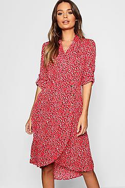 Boohoo Horn Button Tie Sleeve Midi Dress