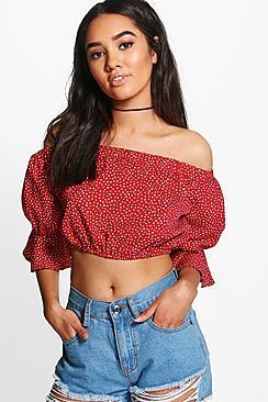 Boohoo Petite Nina Spot Printed Off The Shoulder Blouse