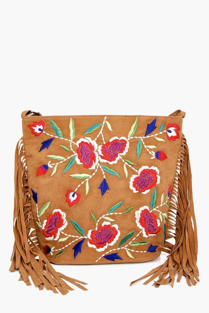 Boohoo Kara Embroidered Fringed Cross Body Bag Tan