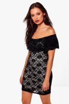 Boohoo Shahad Bardot Frill Contrast Lace Mini Dress Black