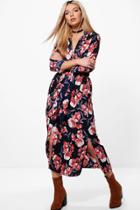Boohoo Harley Floral Maxi Wrap Shirt Dress Navy