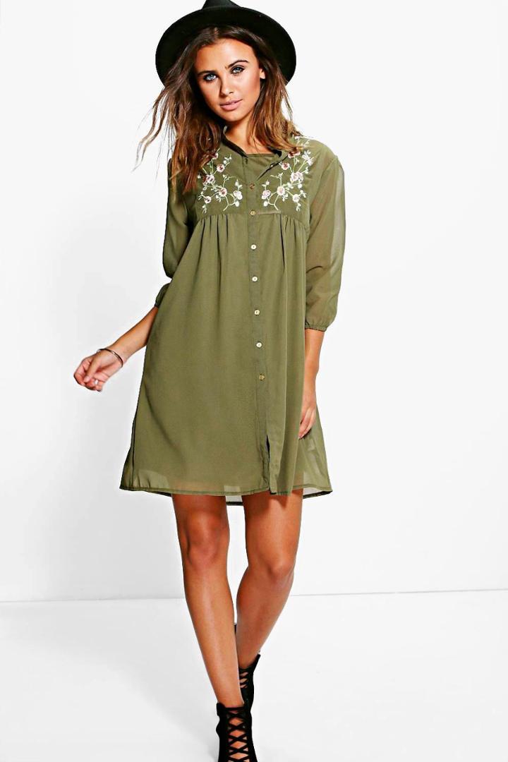Boohoo Petite Jennie Embroidered Shirt Dress Khaki