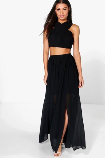 Boohoo Boutique Satya Chiffon Maxi Skirt Co-ord Set Black
