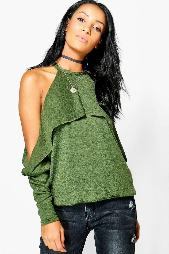 Boohoo Elizabeth Extreme Cold Shoulder Long Sleeve Top Khaki