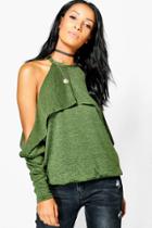 Boohoo Elizabeth Extreme Cold Shoulder Long Sleeve Top Khaki