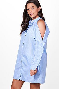 Boohoo Plus Tina Stripped Open Shoulder Dress