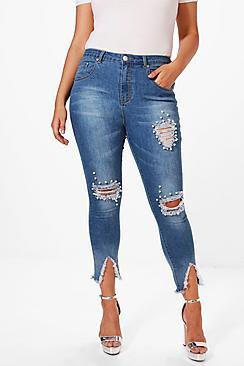 Boohoo Plus Ripped Knee Pearl Detail Skinny Jean