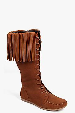 Boohoo Boutique Mia Knee High Suede Fringe Festival Boot